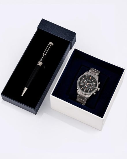 طقم رجالي فاخر ساعة وقلم بلون فضي وأسود