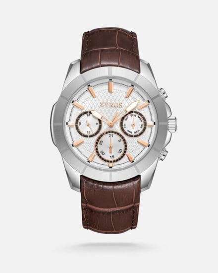 ‎ ساعة رجالية بسير جلد بلون بني