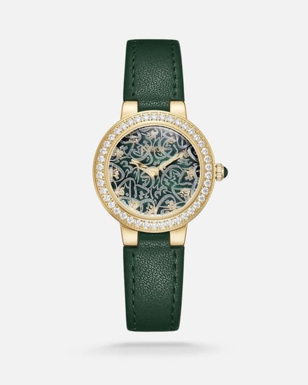 ‎ ساعة رقعة النسائية بسير جلد بلون أخضر