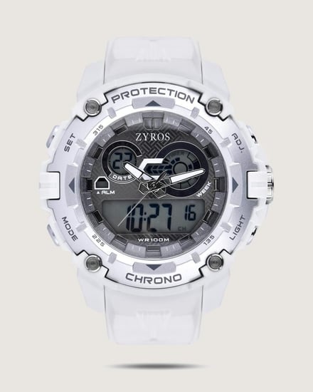 ‎ ساعة رجالية بسير من الربل بلون أبيض.