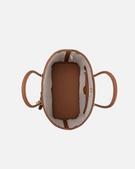 ‎ شنطة نسائية من القماش والجلد بلون بني وبيج