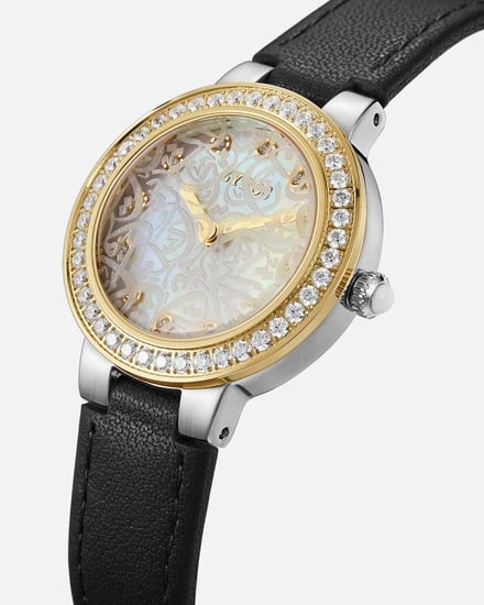 ‎ ساعة رقعة النسائية بسير جلد بلون أسود