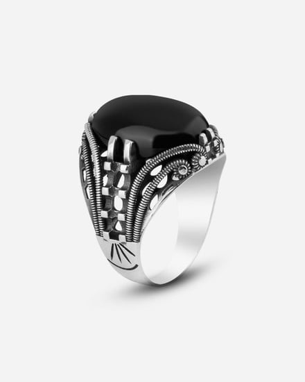 خاتم رجالي فضة بحجر اونكس بلون أسود