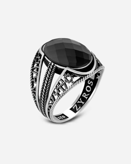 خاتم رجالي فضة بحجر اونكس بلون أسود