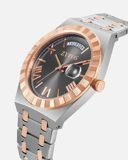 ساعة رجالية من الستيل بلون فضي وروز قولد