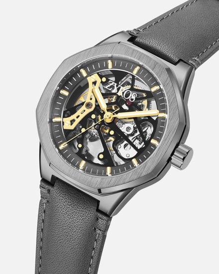 ساعة رجالية اتوماتيك من الجلد بلون رمادي