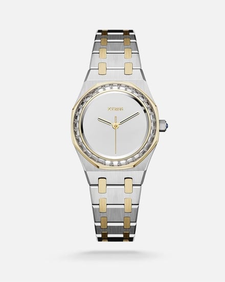 طقم نسائي زركون مع ساعة بلون فضي وذهبي