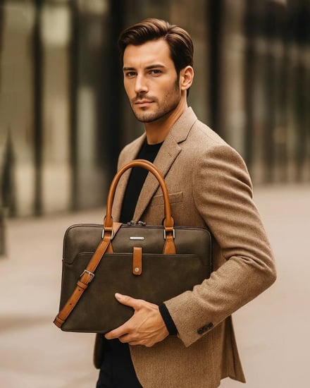 شنطة للعمل من الجلد بلون زيتي تناسب الجنسين