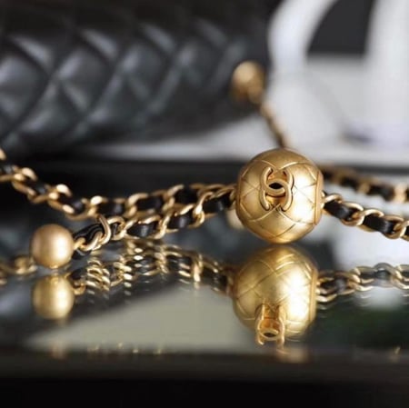 Black Quilted Pearl Crush Gold Ball Flap Bag