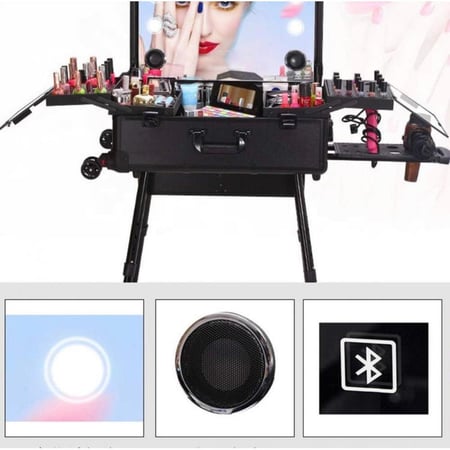 طاولة مكياج بعجلات مع اضواء LED وسماعات وبلوتوث ومشغل MP3 - اسود