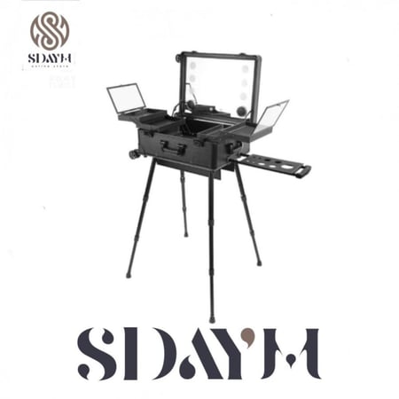 طاولة مكياج بعجلات مع اضواء LED وسماعات وبلوتوث ومشغل MP3 - اسود