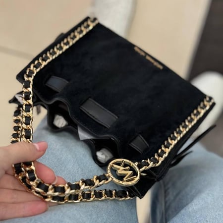 Mina Small Suede Logo Chain Crossbody Bag