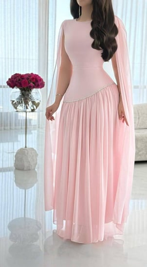 فستان نسائي سهرة وردي بأكمام كيب طويلة