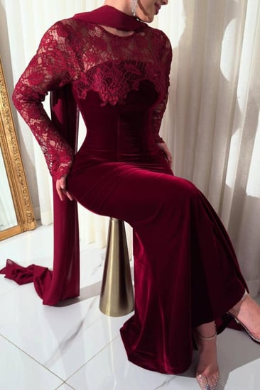 فستان سهرة عودي مخمل كوري فاخر بدانتيل أنيق