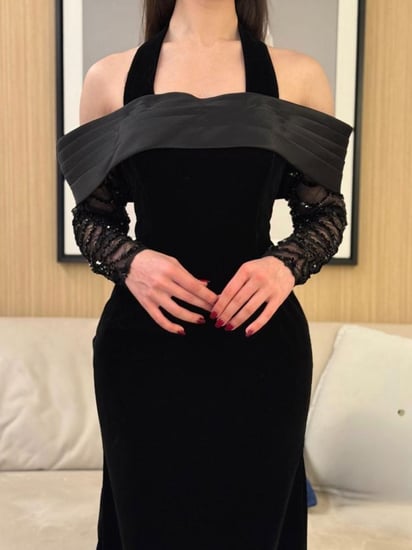 فستان سهرة راقي أسود أوف شولدرز