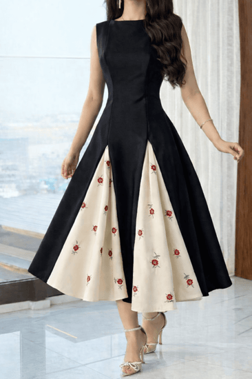 فستان ميدي أسود بكسرات مطرزة بالورد