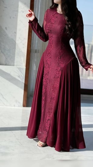 فستان سهرة دانتيل برغندي كلوش شيفون