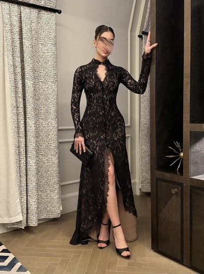 فستان سهرة أسود من الدانتيل بالكامل