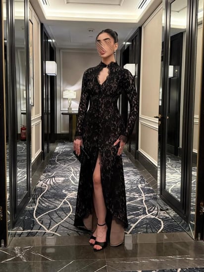 فستان سهرة أسود من الدانتيل بالكامل