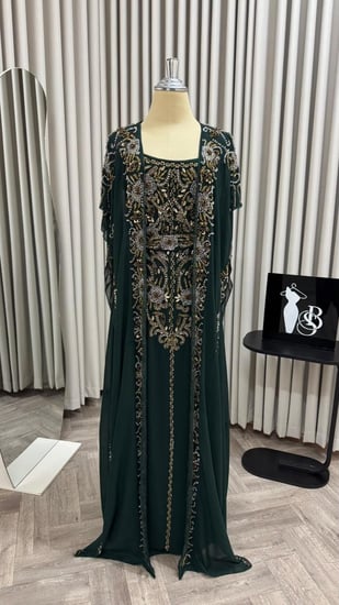 جلابية  اللون بترولي  شيفون جورجيت. تطريز يدوي راقي اللون  من متجر جوهره BS