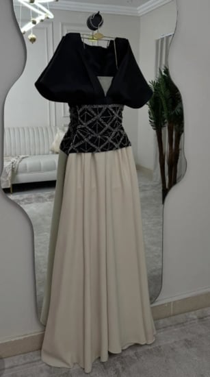 فستان سهره اللون اسود على بيج تطريز يدري من متجر جوهره FD  MN  TR FR