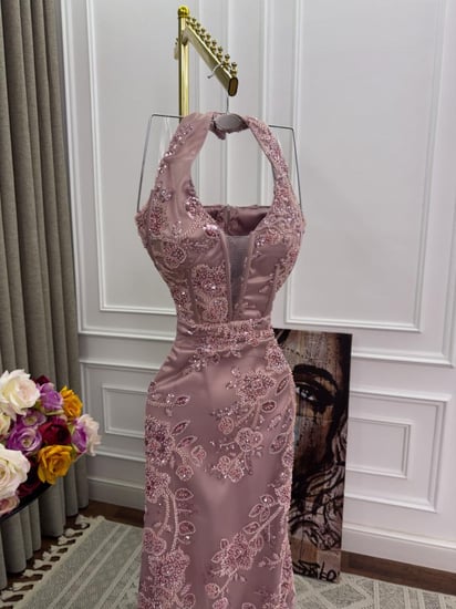 فستان سهره  اللون لحمي  تفته استرتش تل مطرزجاهز   من متجر جوهره JO