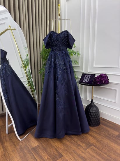 فستان سهره كحلي عنابي غامق و لحمي ميكادو تطريز كلفه D