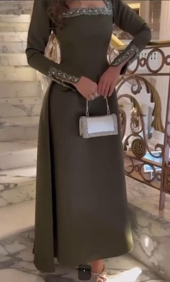 فستان سهره زيتي تطريز راقي باكمام طويله من متجر جوهره