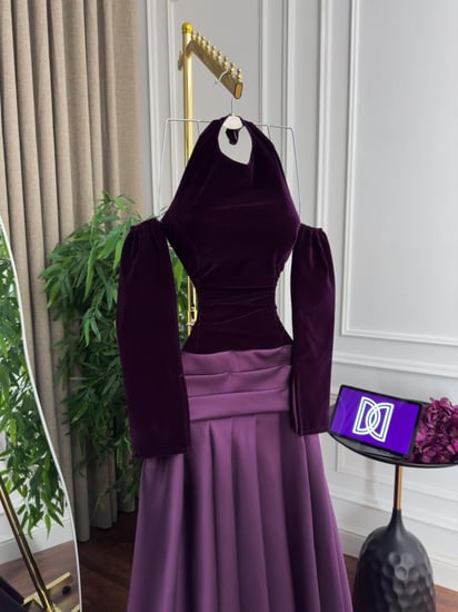 فستان سهره اللون ليلكي خامه مخمل و جوخ كوري ميكادو  بطانه  من متجر جوهره QN