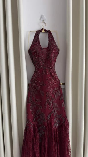 فستان سهره اللون برغندي و زيتي  دانتيل على خرز MN من متجر جوهره TR