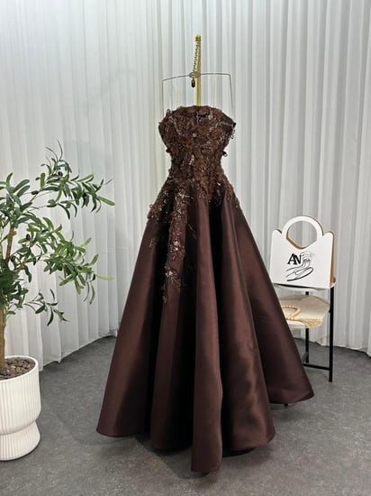فستان سهره  اللون بني الخامة ميكادو تطريز خرز   من متجر جوهره AN