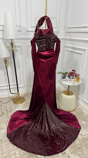 فستان برغندي قطيفه و ترتر