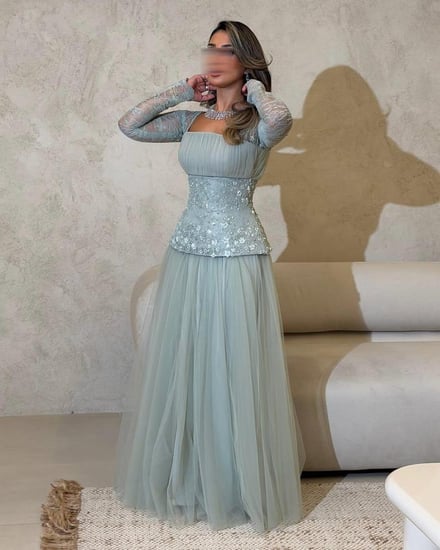 فستان سهره اللون سماوي و تيفاني تل  وكلفه خرز  من متجر جوهره MN