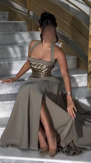 فستان سهره  تفته كريب اللون زيتوني رمادي وفصوص  من متجر جوهره KN
