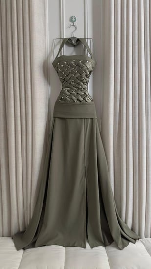 فستان سهره  تفته كريب اللون زيتوني رمادي وفصوص  من متجر جوهره KN