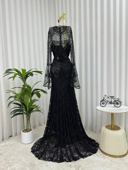 فستان سهره اللون اسود القماش دانتيل معى شيفون مطرز من متجر جوهره AR