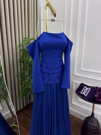 فستان ازرق نيلي تطريز راقي الخامه باربي و شيفون كلوش من متجر جوهره