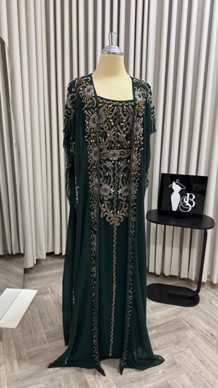 جلابية  اللون بترولي  شيفون جورجيت. تطريز يدوي راقي اللون  من متجر جوهره BS