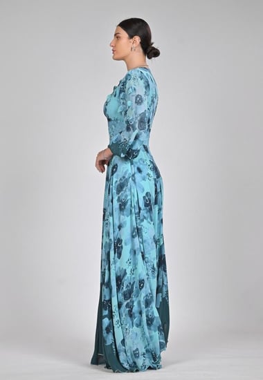 فستان شيفون مشجر طويل بورود ثلاثية الابعاد