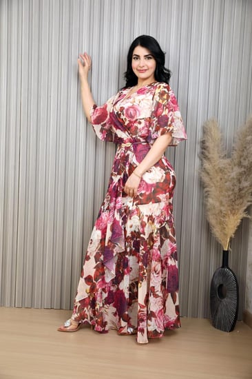 فستان شيفون مشجر لف وكشكش مع حزام