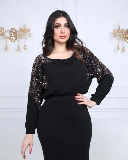 فستان سهرة قماش لمعه ستريتش مزين بترتر بالاكتاف