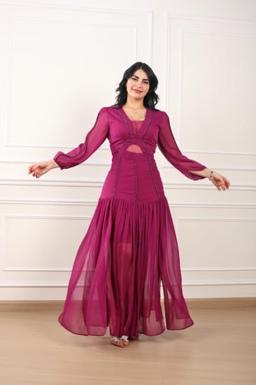 فستان سهرة شيفون حرير كسرات مع خطوط كرستال - أوبرا