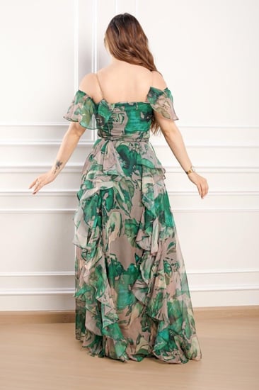 فستان خامة شيفون حرير لو اخضر درابية اوف شولدر