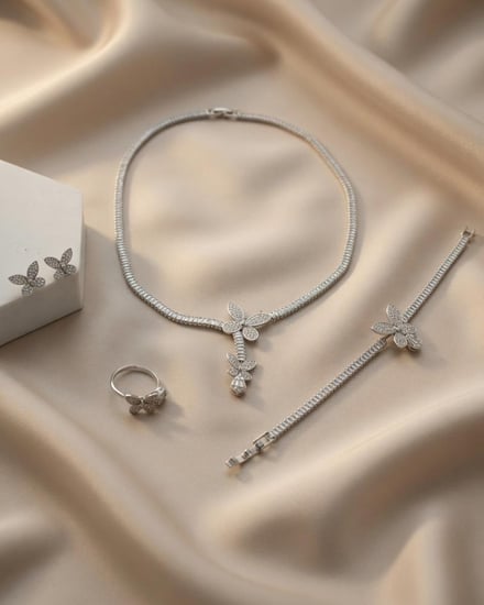 طقم إكسسوارات فاخر بتصميم فراشة فضي