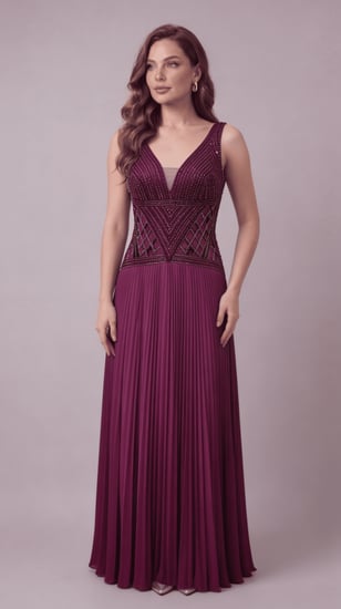 فستان سهرة طويل مزخرف بتفاصيل دانتيل وحزام خصر