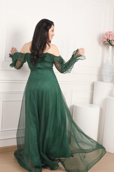 فستان ناعم سهره قماش تل منقط لون اخضر غامق