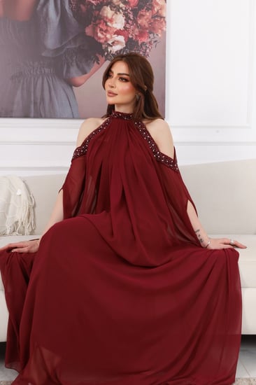 فستان سهره طويل شيفون اضافه كريب استرتش