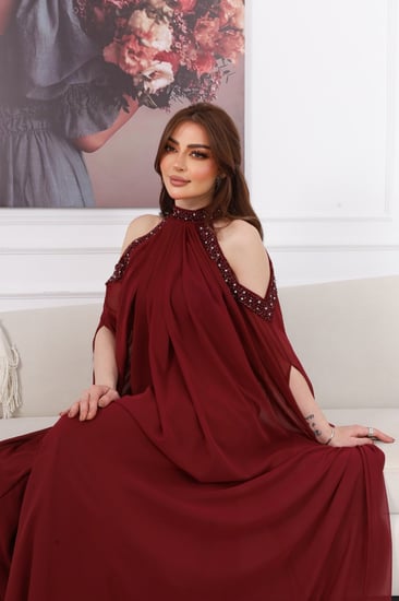 فستان سهره طويل شيفون اضافه كريب استرتش