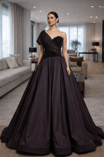 فستان سهرة طويل مع تطريز لؤلؤي وكتف واحد