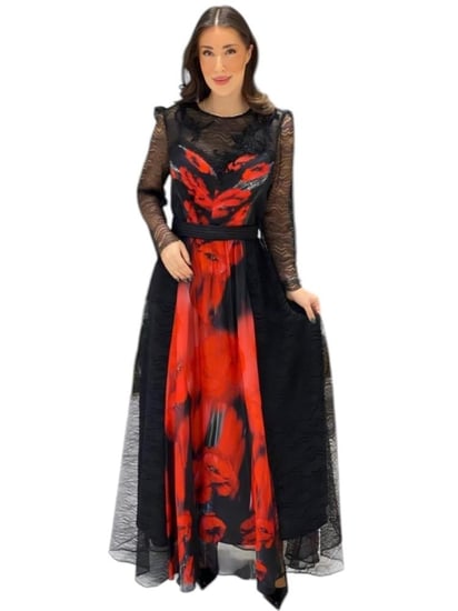 فستان سهرة من الدانتيل الحرير بتصميم أنيق مع طبعة زهور وتفاصيل فاخرة